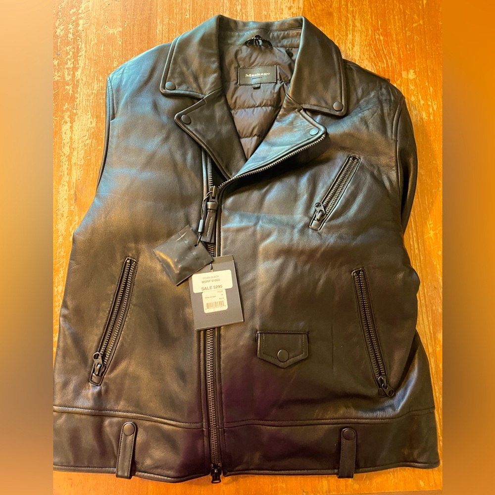 Men’s Mackage “Roan” black lamb skin  leather coat size 44 (large US)